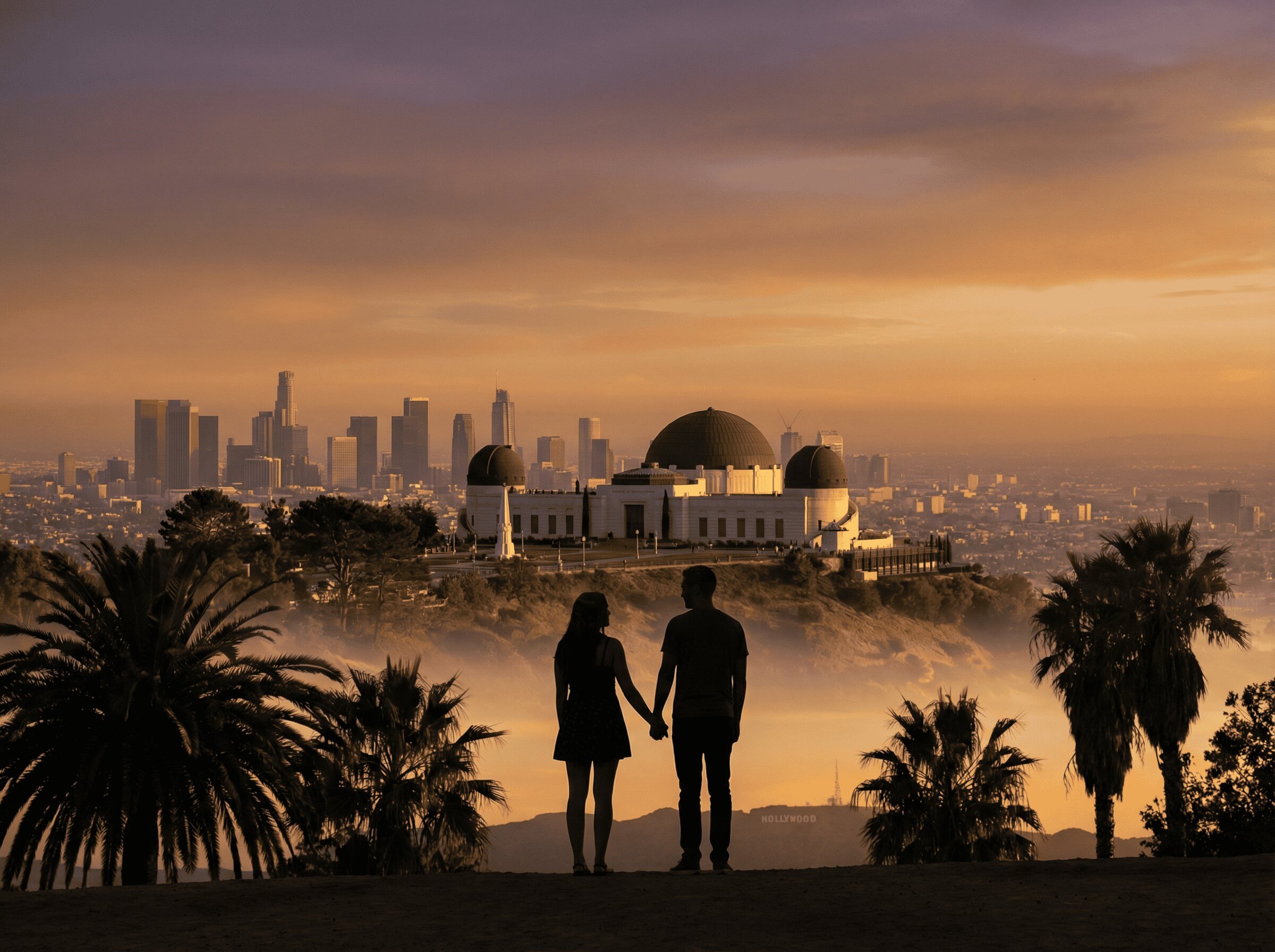 A couple silhouetted at golden hour with the Griffith Observatory and Los Angeles skyline in the background