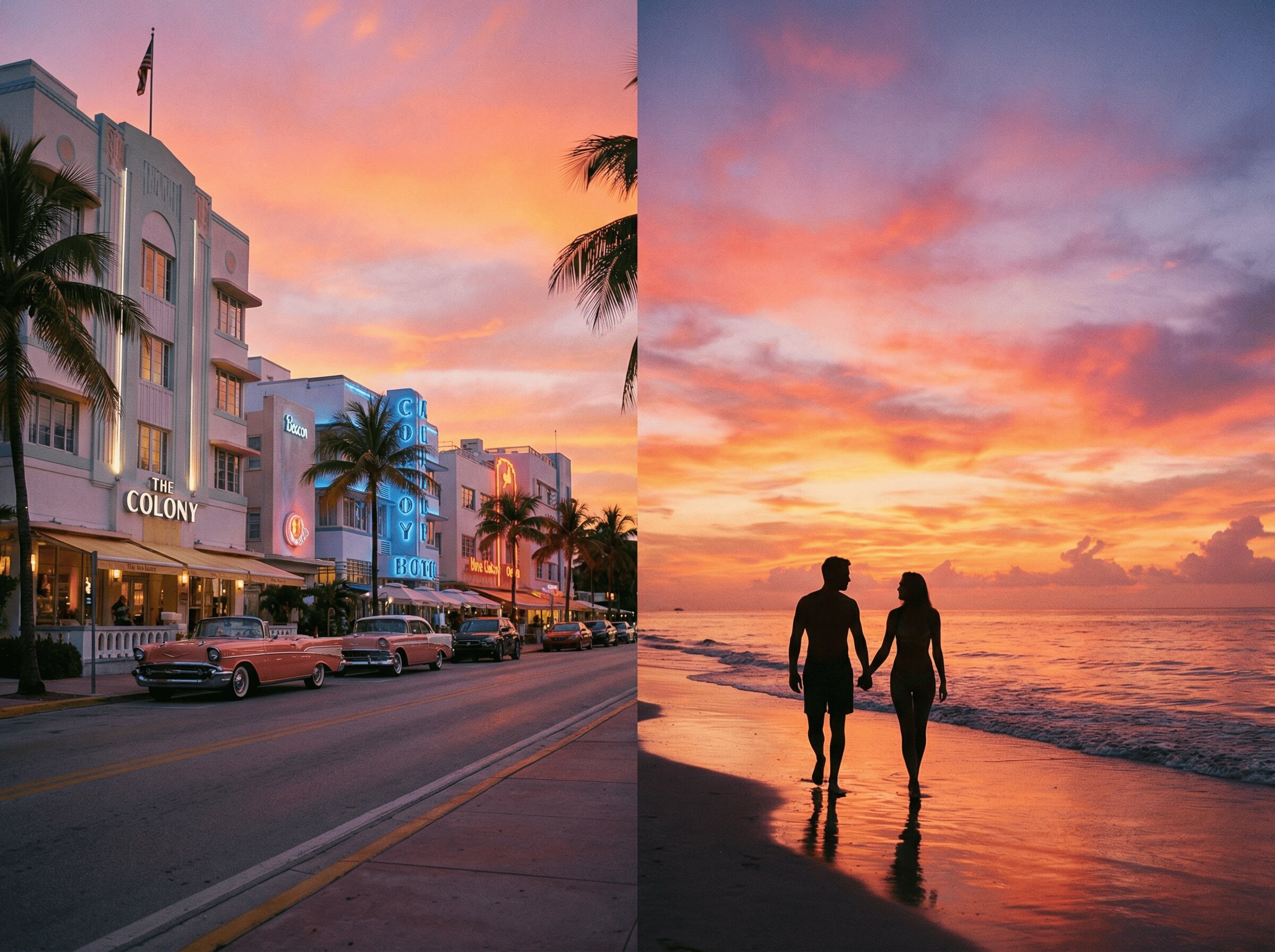 A couple walking hand in hand on a Miami beach at sunset with colorful Art Deco buildings and a vibrant pink sky