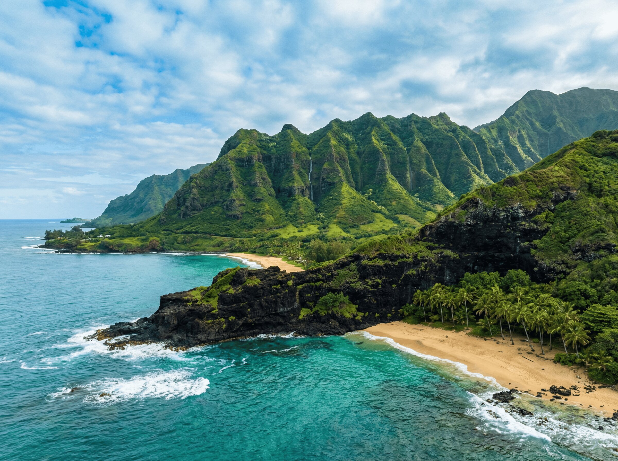 Aerial view of Maui's lush green valley cliffs and black sand beach coastline in Hawaii