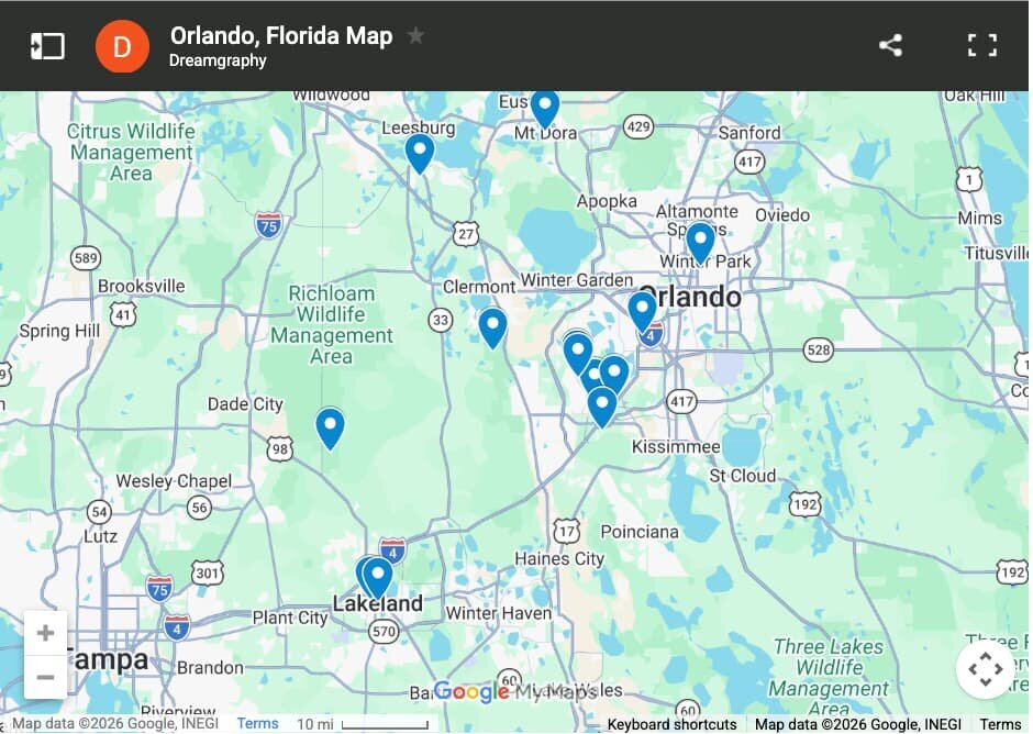 Map of Orlando photo session locations offered by Dreamgraphy photographers