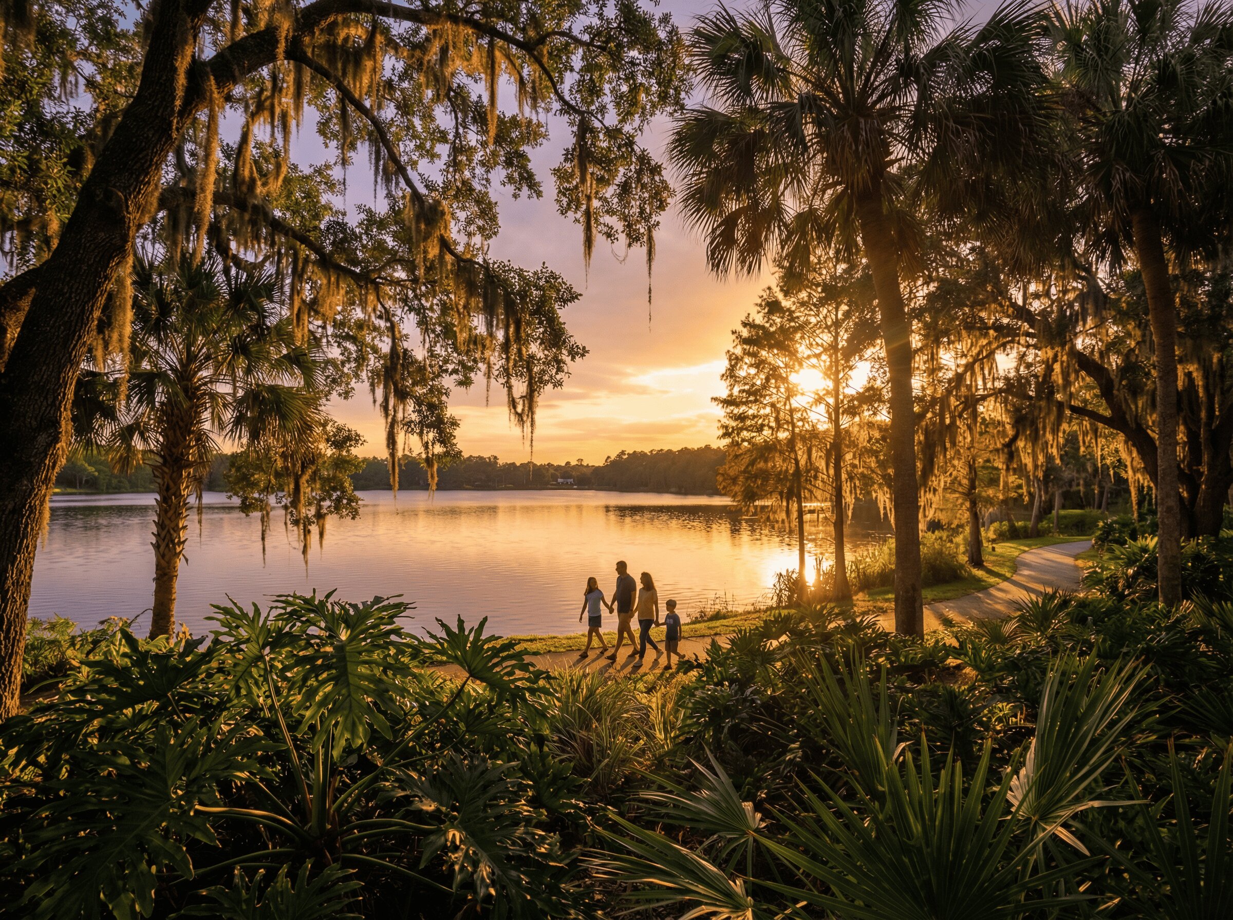 Serene lakeside sunset in Orlando, Florida, with Spanish moss trees and golden light reflected on calm water