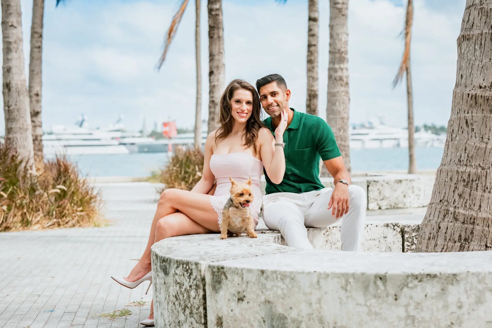 miami-photographer-maurice-ferre-park-session A couple sits on a curved stone bench with a small Yorkshire terrier at Maurice Ferré Park, with palms and white yachts on the bay behind