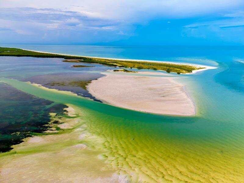 Aerial view of Caladesi Island State Park in Dunedin, Florida, showing the pristine white sandbar surrounded by turquoise and emerald Gulf waters — a secluded Tampa photo session location by Dreamgraphy