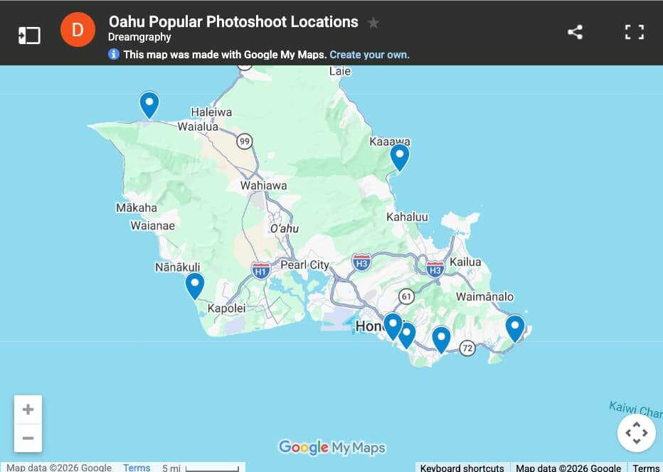 Map of Oahu photo session locations offered by Dreamgraphy photographers