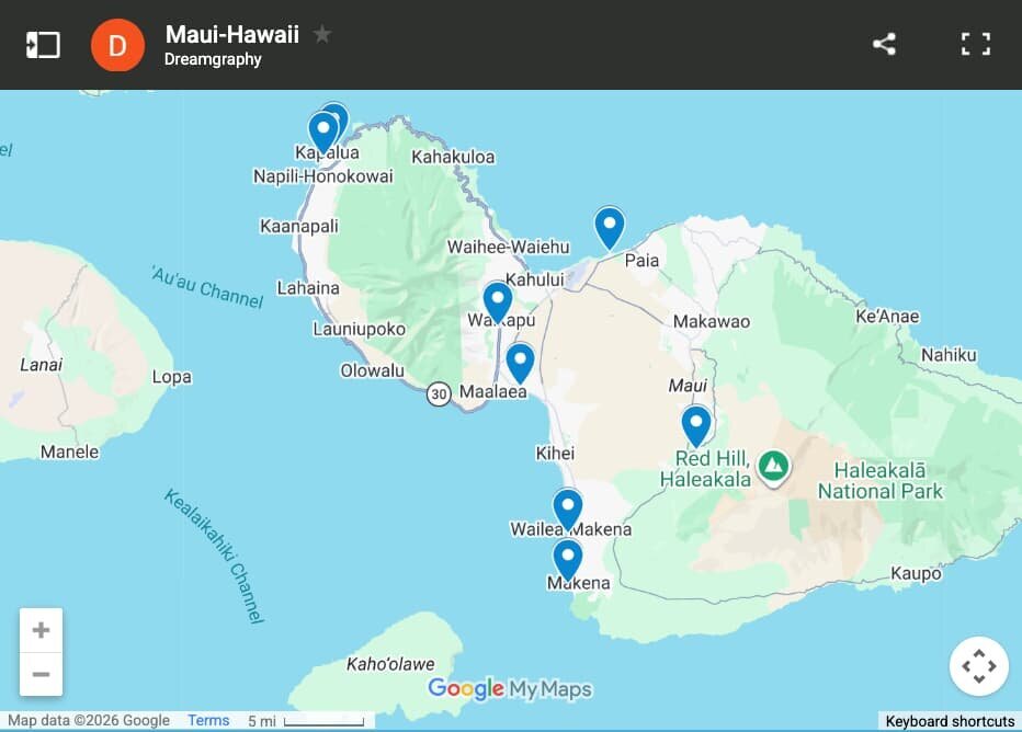 Map of Maui photo session locations offered by Dreamgraphy photographers