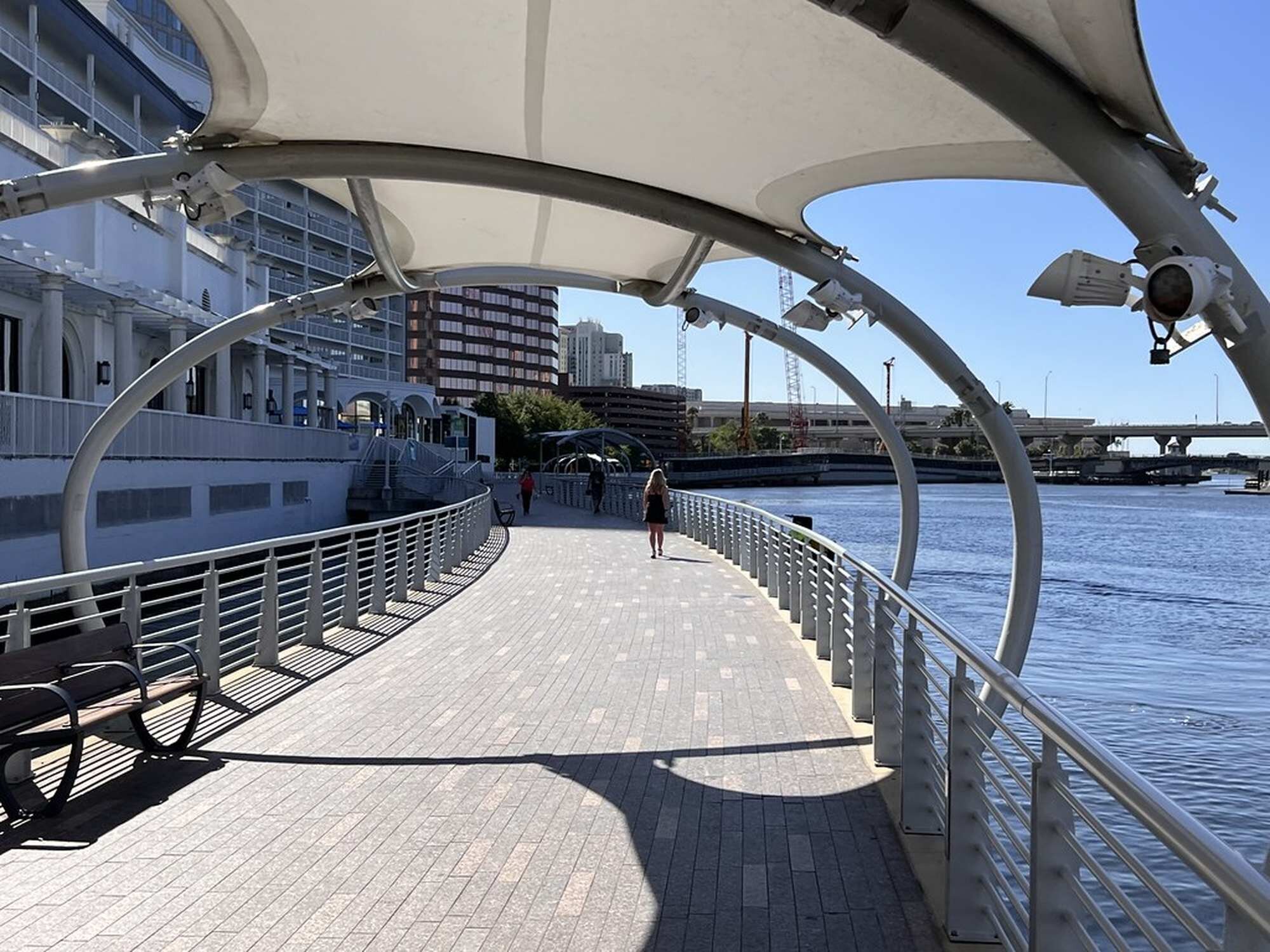Tampa Riverwalk with the Hillsborough River and downtown skyline in the background