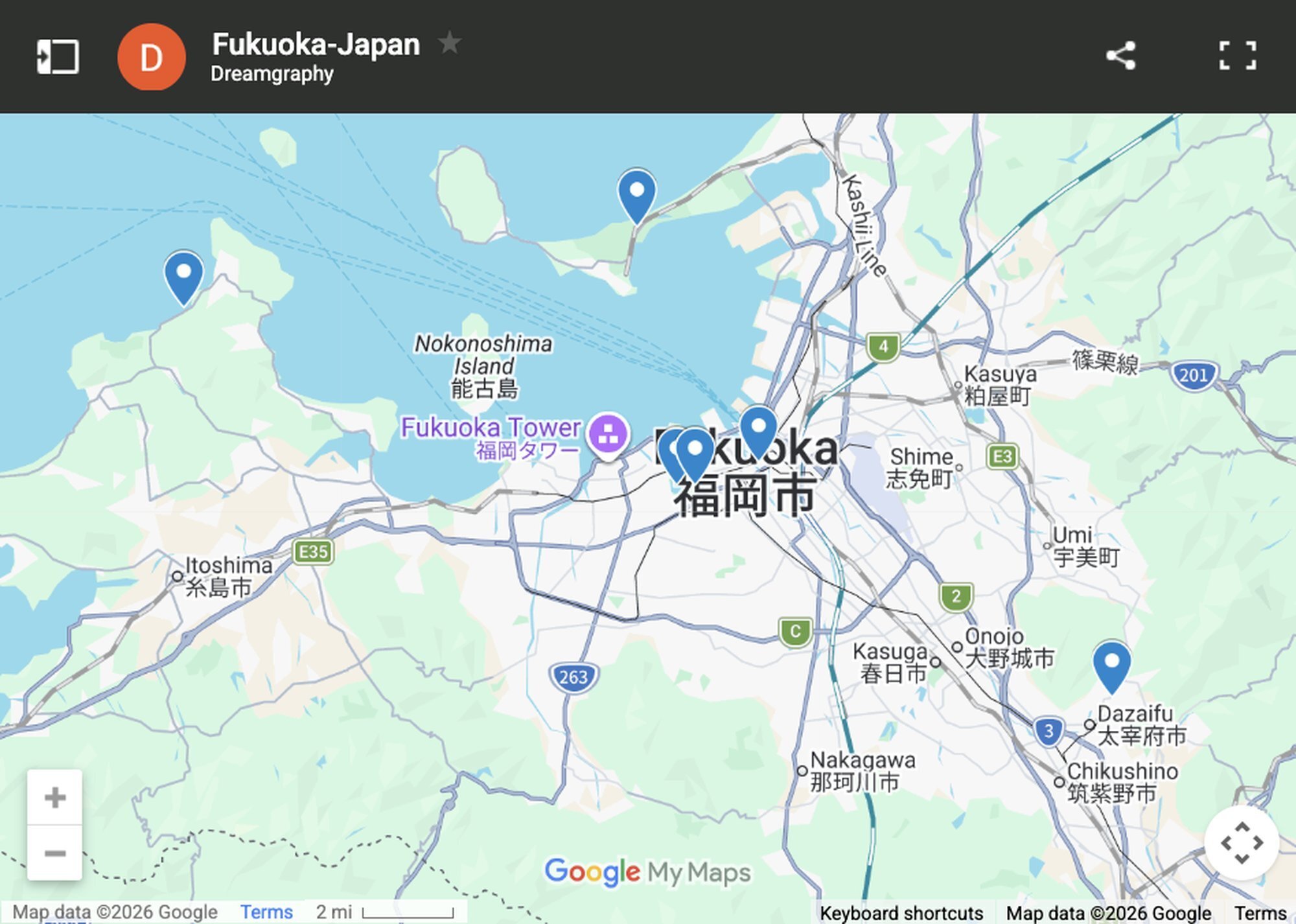 Google Maps overview of Fukuoka, Japan showing Dreamgraphy photo session locations including Ohori Park, Nakasu, Dazaifu, Itoshima, and Uminonakamichi Seaside Park