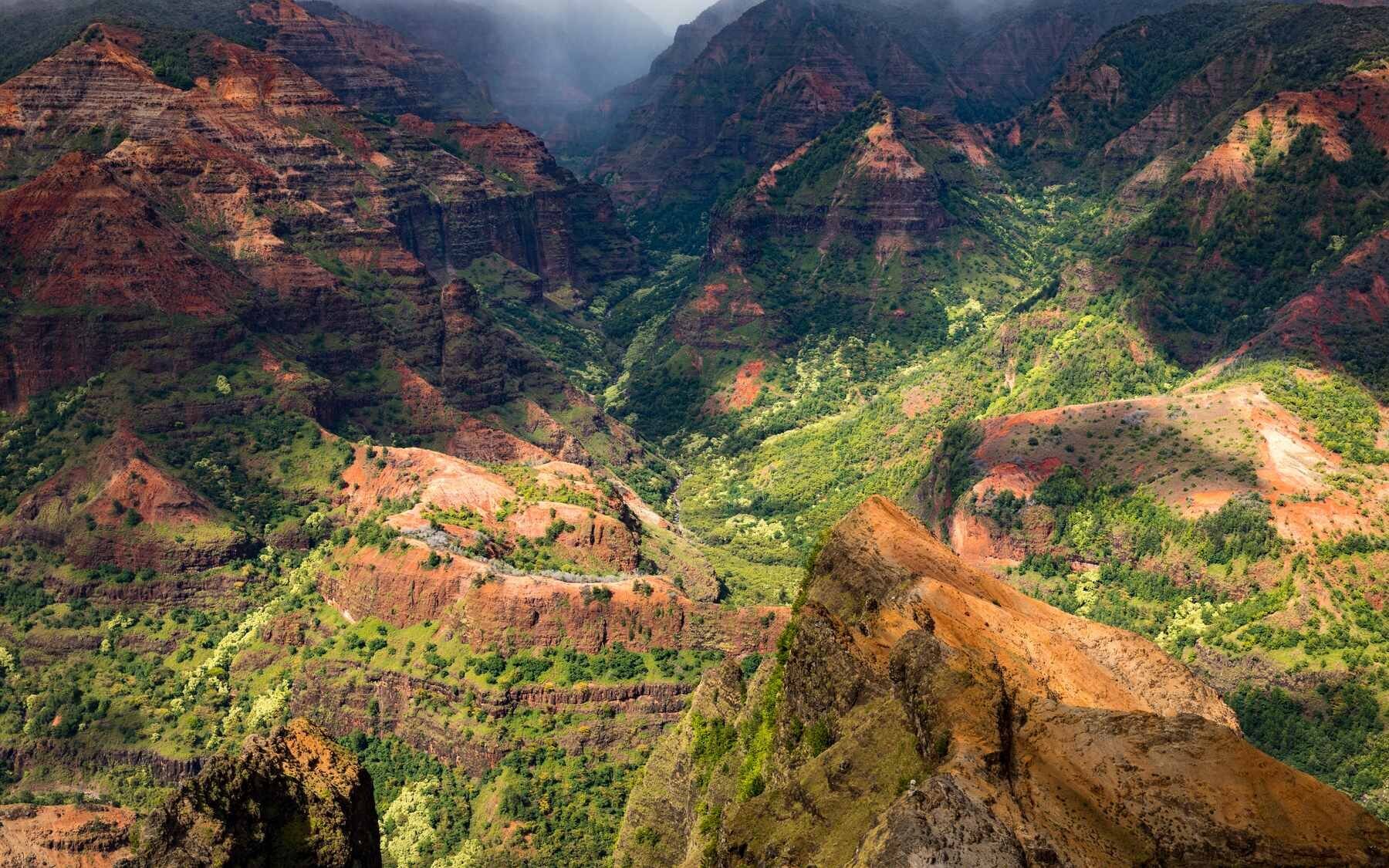 Waimea Canyon on Kauai, known as the Grand Canyon of the Pacific, with red rock cliffs and lush green valleys