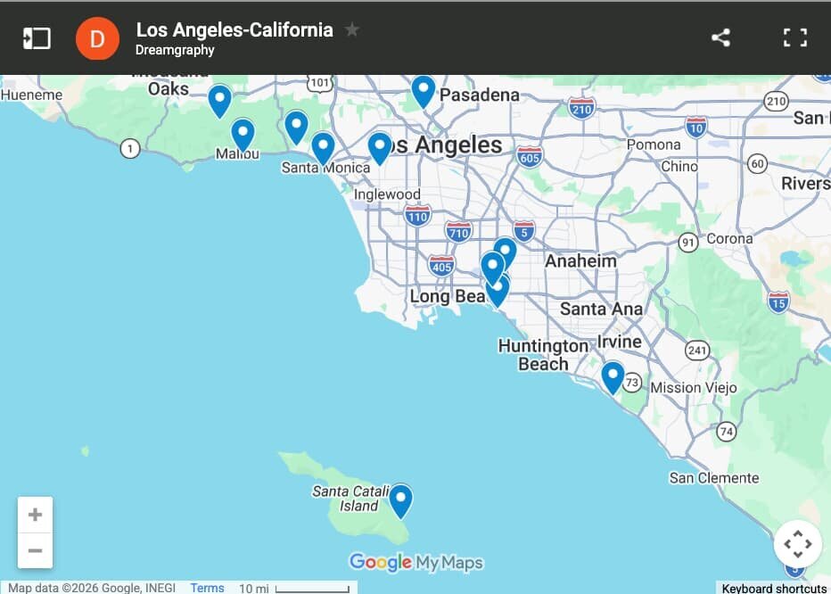 Map of Los Angeles photo session locations offered by Dreamgraphy photographers
