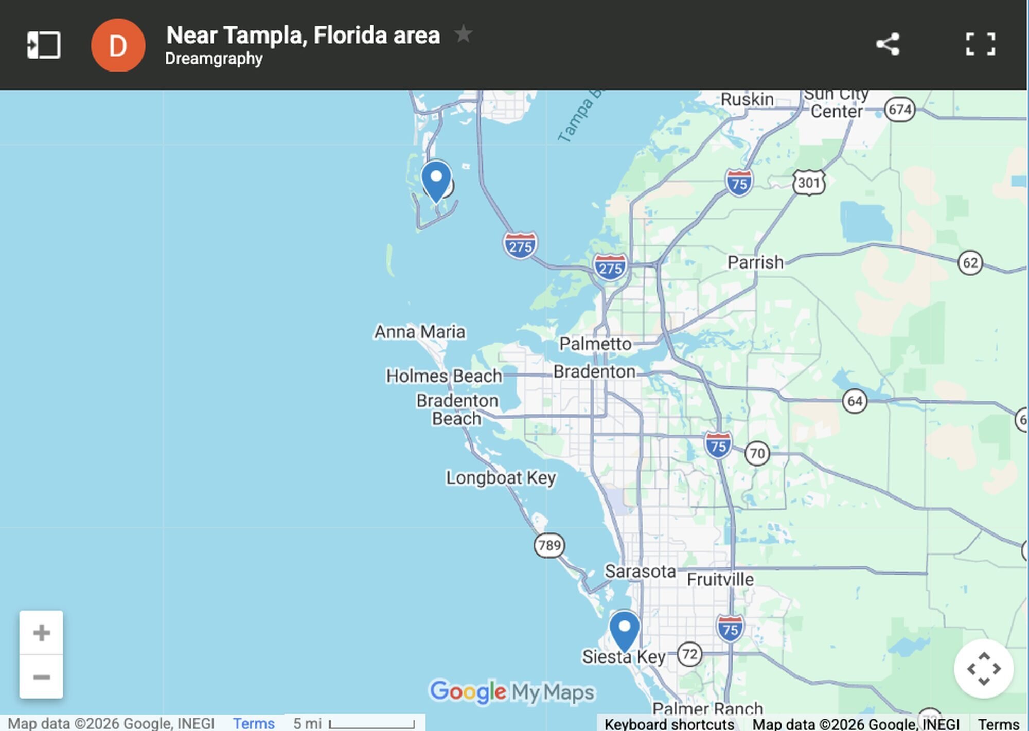 Google My Maps showing Dreamgraphy's Tampa Bay photo session locations including Clearwater Beach, Honeymoon Island, Caladesi Island, and Siesta Key
