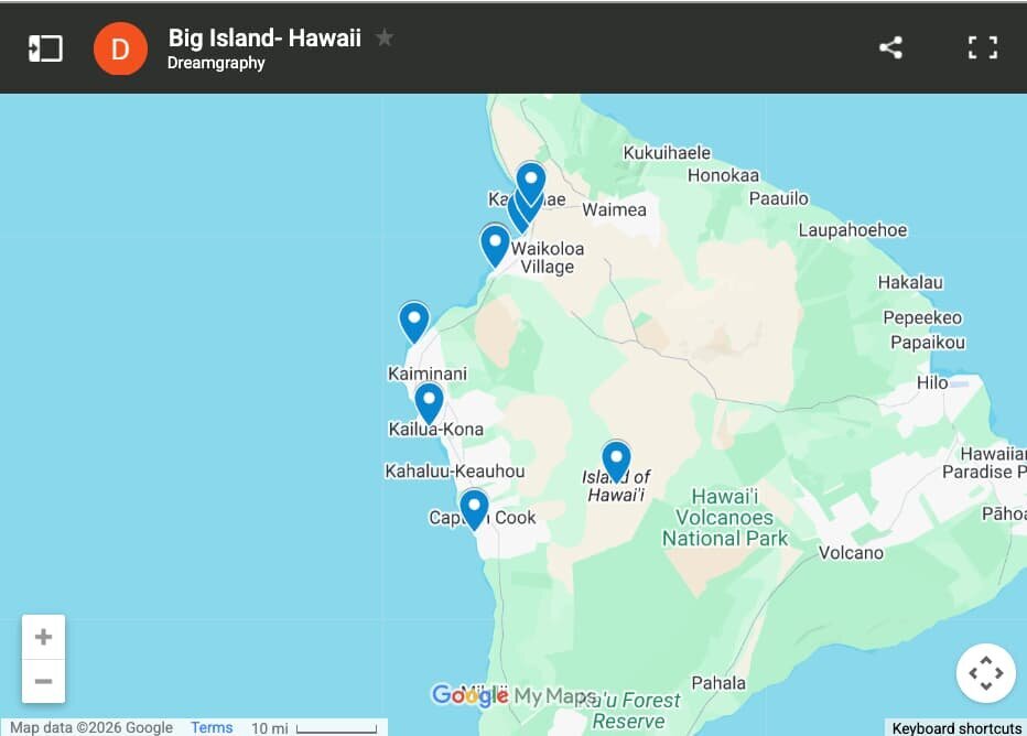 Map of Big Island photo session locations offered by Dreamgraphy photographers