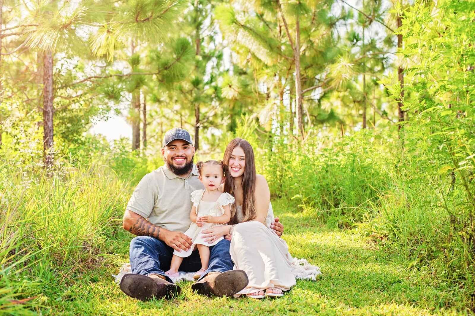 Orlando family photographer capturing a young family of three with a toddler smiling together in a sunlit Florida state park