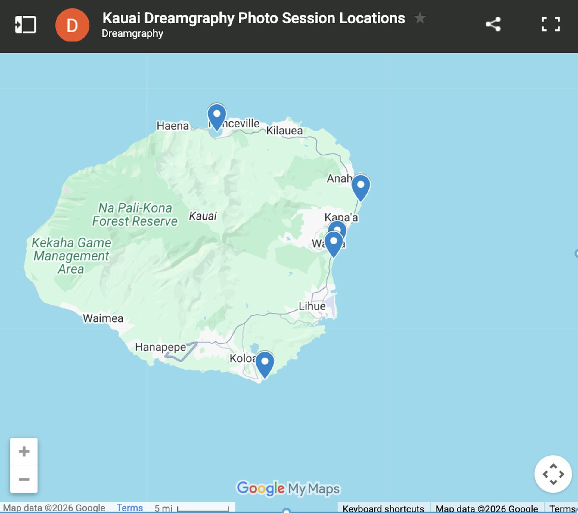 Map of Kauai titled Kauai Dreamgraphy Photo Session Locations, with five pins near Princeville, Anahola, Kapa'a, Wailua and Koloa